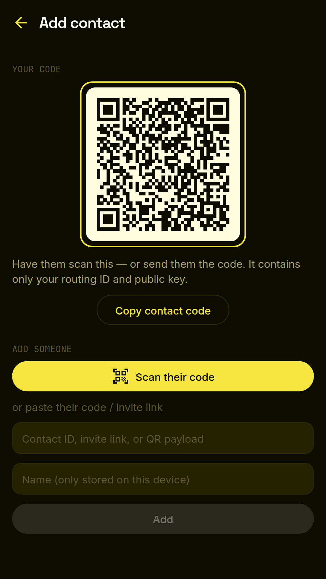 Zitrone add-contact screen showing a QR code and a paste field