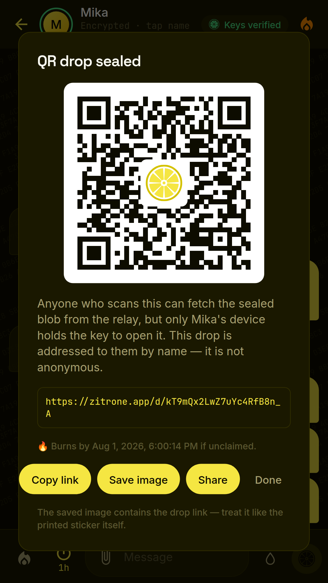 A sealed lemon drop shown as a QR code with its burn deadline