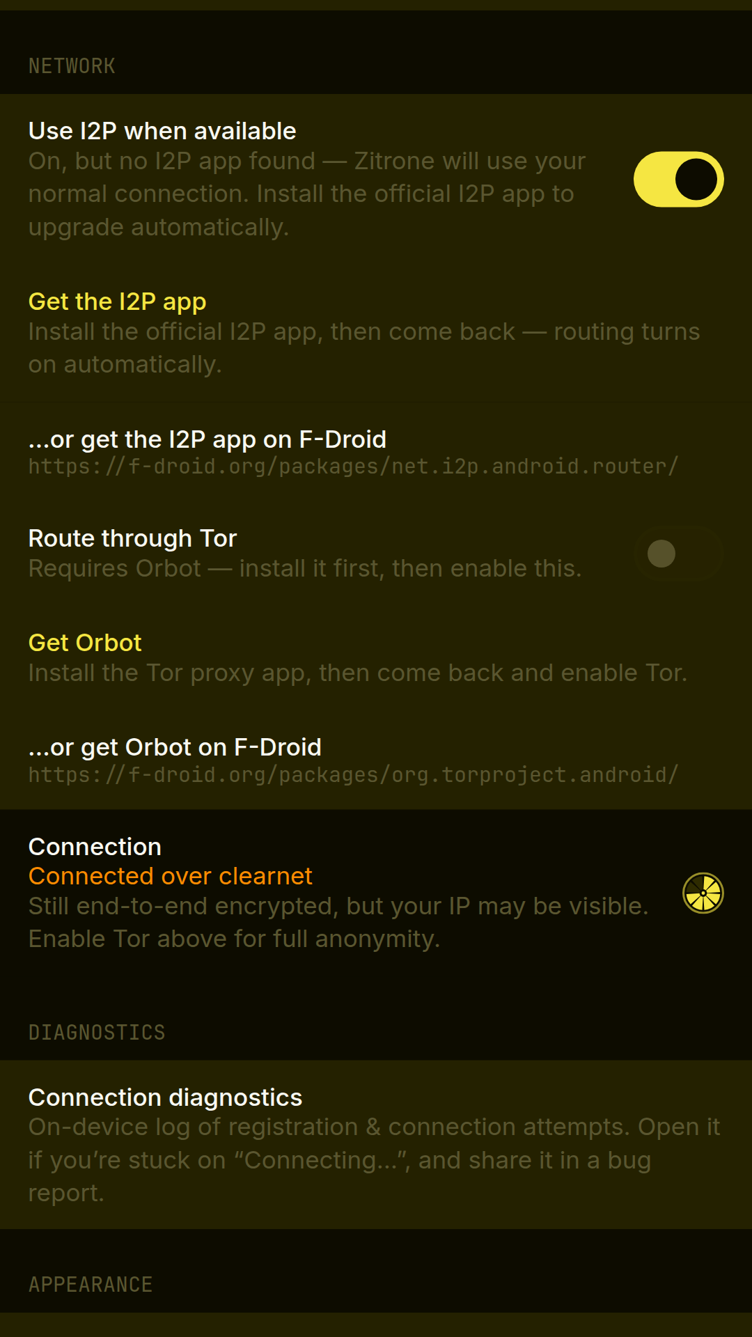 Zitrone network settings showing I2P, Tor and connection status